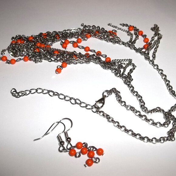 Beaded Necklace and Earring Orange Silver Chain Costume Jewlery Fashion Set C701 - Picture 3 of 4